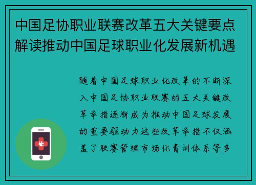 中国足协职业联赛改革五大关键要点解读推动中国足球职业化发展新机遇